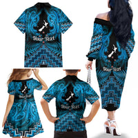 Personalised Aotearoa Matariki Family Matching Off The Shoulder Long Sleeve Dress and Hawaiian Shirt Turquoise Fern Maori Poutama LT01 - Polynesian Pride