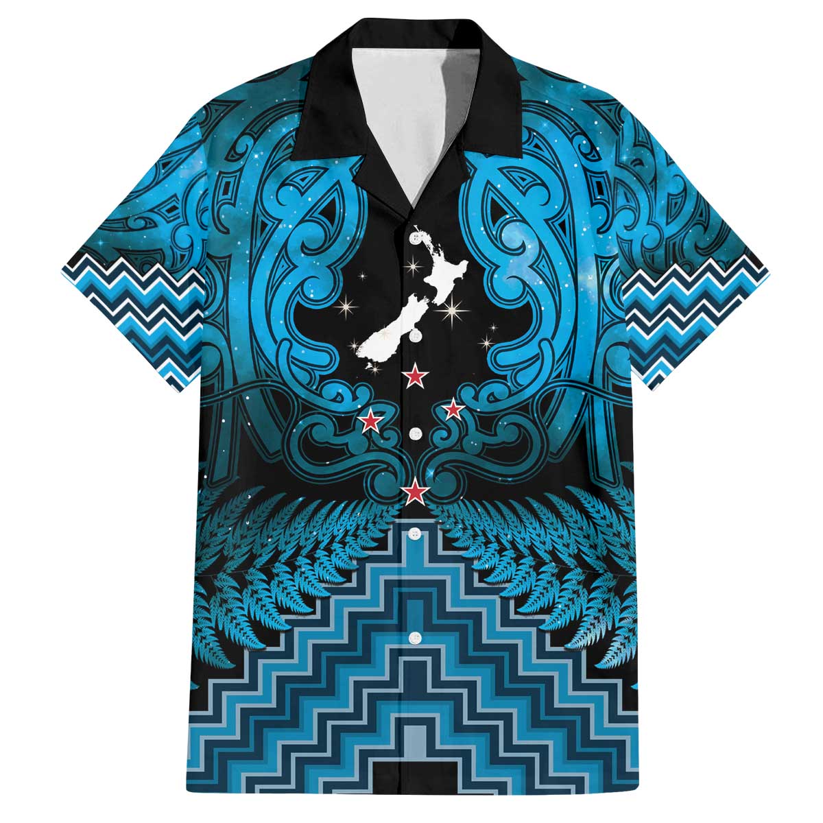 Personalised Aotearoa Matariki Family Matching Off The Shoulder Long Sleeve Dress and Hawaiian Shirt Turquoise Fern Maori Poutama LT01 Dad's Shirt - Short Sleeve Turquoise - Polynesian Pride