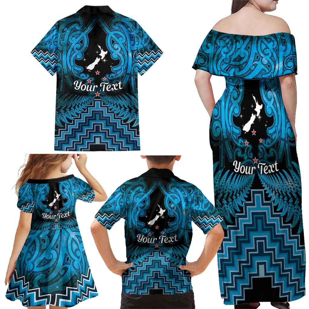 Personalised Aotearoa Matariki Family Matching Off Shoulder Maxi Dress and Hawaiian Shirt Turquoise Fern Maori Poutama LT01 - Polynesian Pride