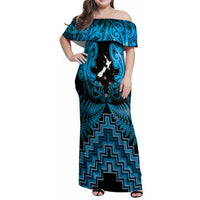 Personalised Aotearoa Matariki Family Matching Off Shoulder Maxi Dress and Hawaiian Shirt Turquoise Fern Maori Poutama LT01 Mom's Dress Turquoise - Polynesian Pride