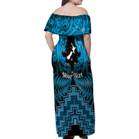 Personalised Aotearoa Matariki Family Matching Off Shoulder Maxi Dress and Hawaiian Shirt Turquoise Fern Maori Poutama LT01 - Polynesian Pride