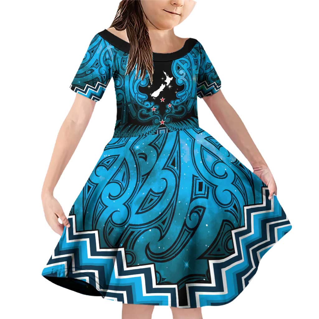 Personalised Aotearoa Matariki Family Matching Off Shoulder Short Dress and Hawaiian Shirt Turquoise Fern Maori Poutama LT01 Daughter's Dress Turquoise - Polynesian Pride