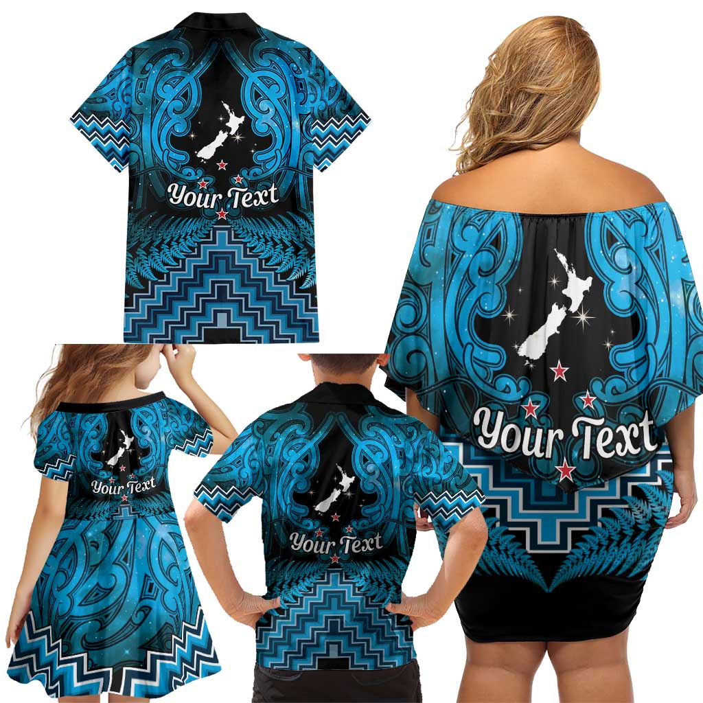Personalised Aotearoa Matariki Family Matching Off Shoulder Short Dress and Hawaiian Shirt Turquoise Fern Maori Poutama LT01 - Polynesian Pride