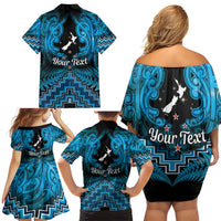 Personalised Aotearoa Matariki Family Matching Off Shoulder Short Dress and Hawaiian Shirt Turquoise Fern Maori Poutama LT01 - Polynesian Pride