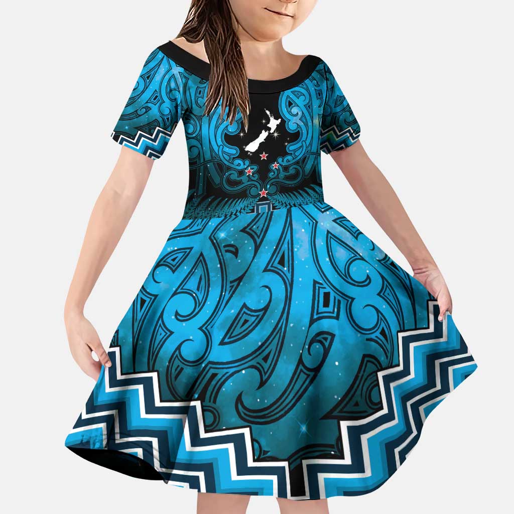 Personalised Aotearoa Matariki Family Matching Puletasi and Hawaiian Shirt Turquoise Fern Maori Poutama LT01 Daughter's Dress Turquoise - Polynesian Pride