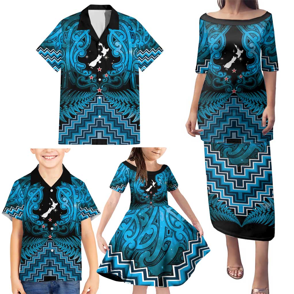 Personalised Aotearoa Matariki Family Matching Puletasi and Hawaiian Shirt Turquoise Fern Maori Poutama LT01 - Polynesian Pride