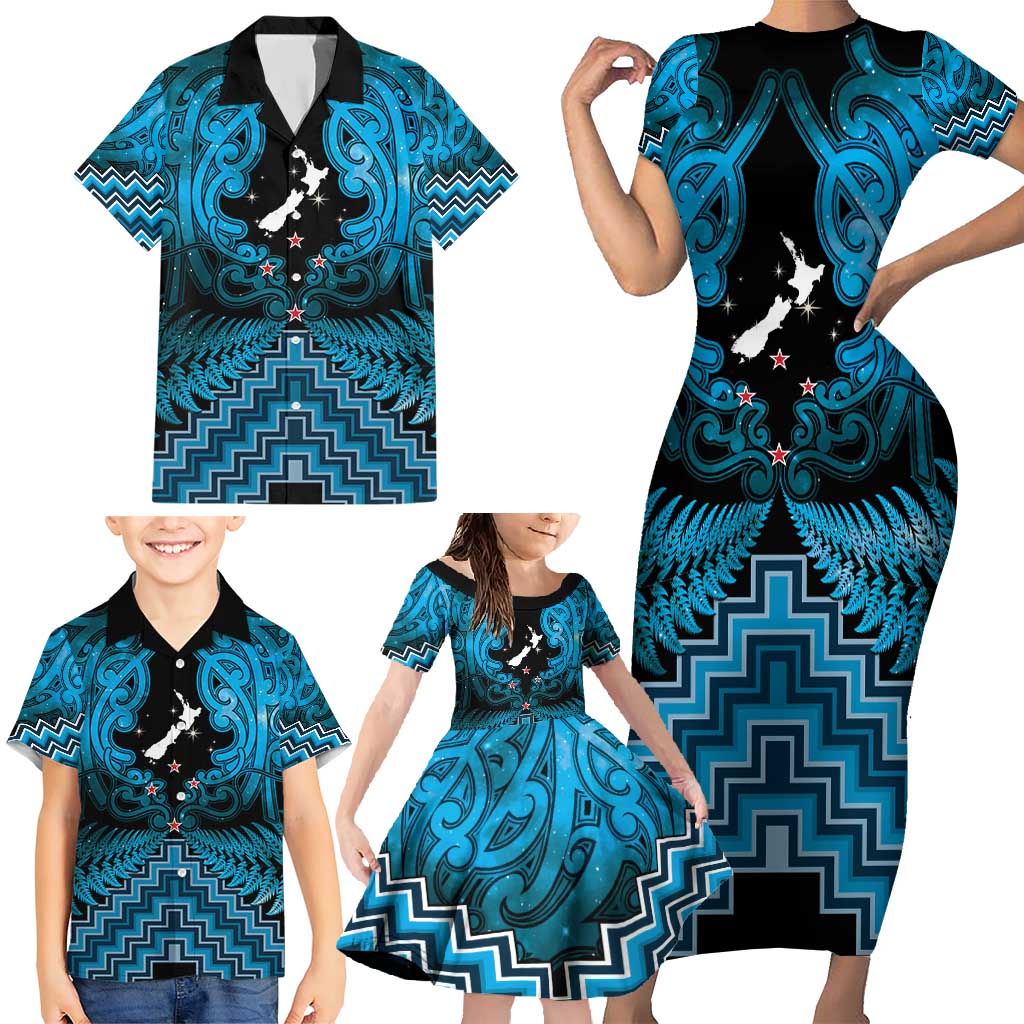 Personalised Aotearoa Matariki Family Matching Short Sleeve Bodycon Dress and Hawaiian Shirt Turquoise Fern Maori Poutama LT01 - Polynesian Pride