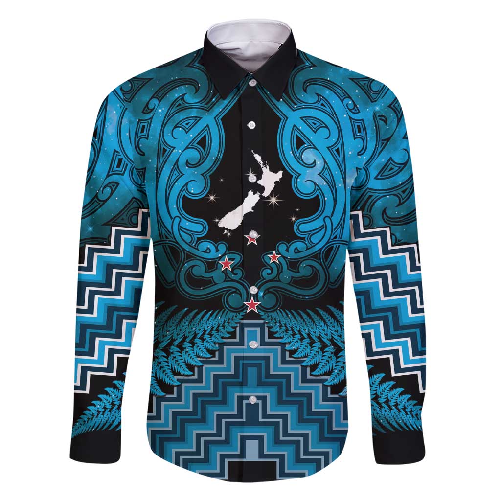 Personalised Aotearoa Matariki Family Matching Short Sleeve Bodycon Dress and Hawaiian Shirt Turquoise Fern Maori Poutama LT01 Dad's Shirt - Long Sleeve Turquoise - Polynesian Pride