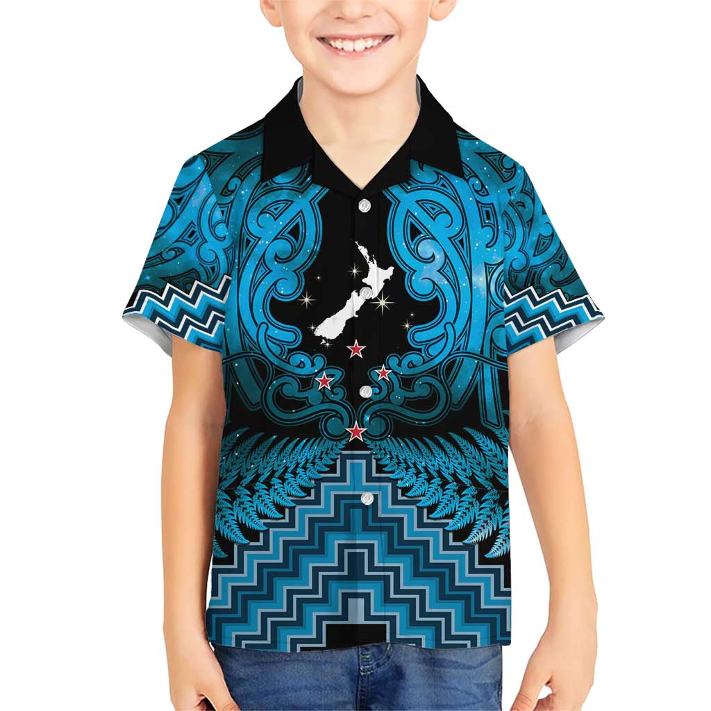 Personalised Aotearoa Matariki Family Matching Short Sleeve Bodycon Dress and Hawaiian Shirt Turquoise Fern Maori Poutama LT01 Son's Shirt Turquoise - Polynesian Pride