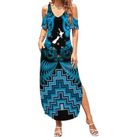 Personalised Aotearoa Matariki Family Matching Summer Maxi Dress and Hawaiian Shirt Turquoise Fern Maori Poutama LT01 Mom's Dress Turquoise - Polynesian Pride