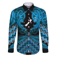 Personalised Aotearoa Matariki Family Matching Tank Maxi Dress and Hawaiian Shirt Turquoise Fern Maori Poutama LT01 Dad's Shirt - Long Sleeve Turquoise - Polynesian Pride