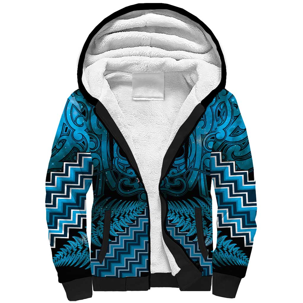 Personalised Aotearoa Matariki Sherpa Hoodie Turquoise Fern Maori Poutama