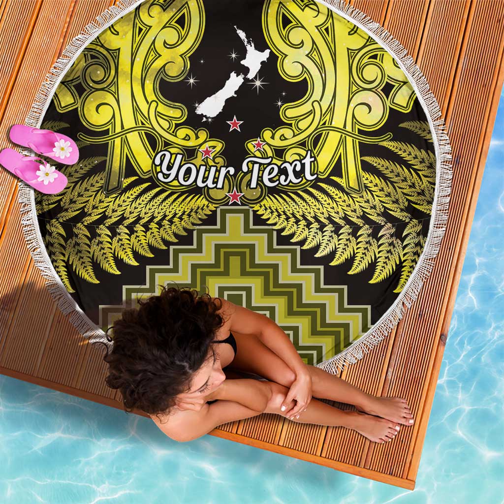 Personalised Aotearoa Matariki Beach Blanket Yellow Fern Maori Poutama LT01 - Polynesian Pride