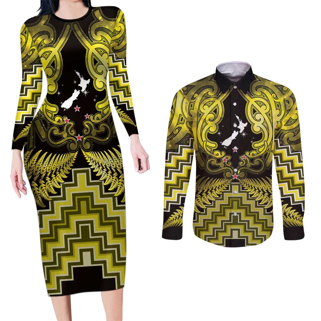 Personalised Aotearoa Matariki Couples Matching Long Sleeve Bodycon Dress and Long Sleeve Button Shirt Yellow Fern Maori Poutama LT01 Yellow - Polynesian Pride