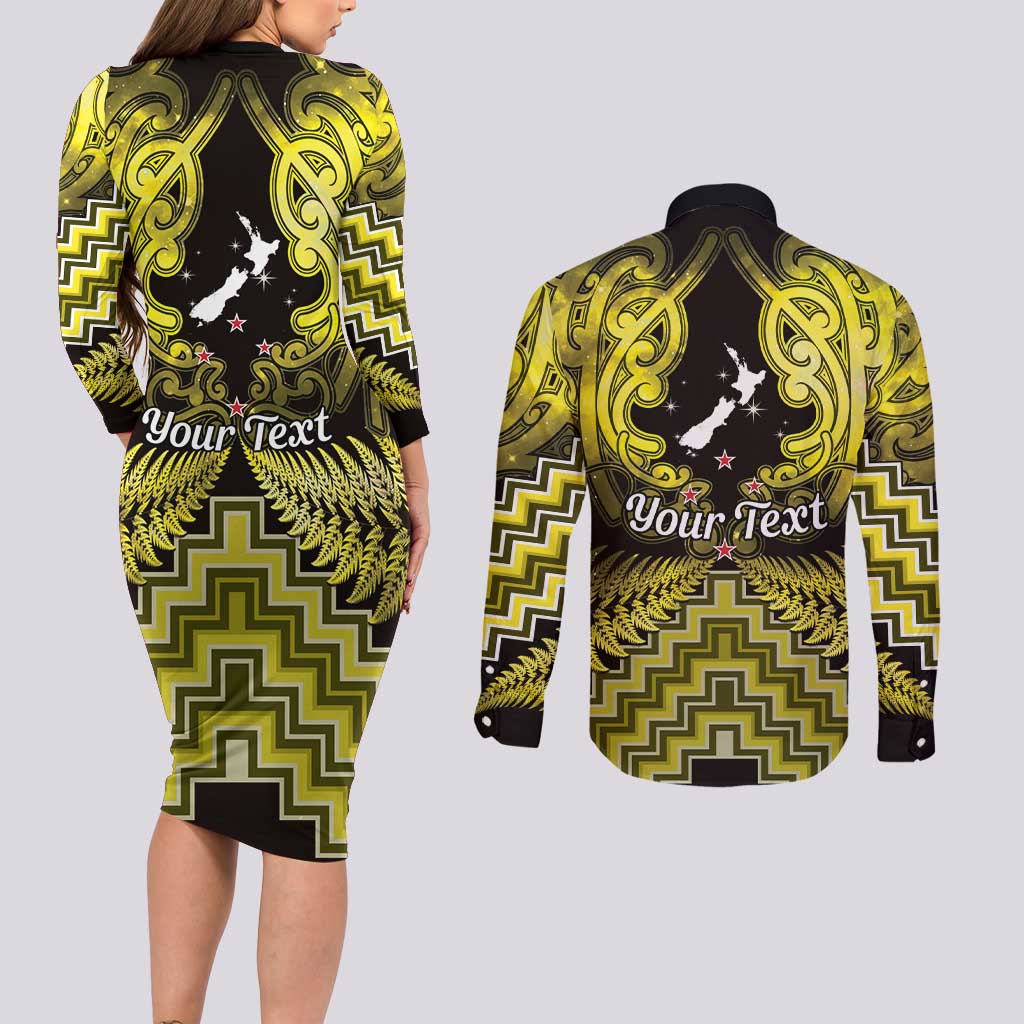 Personalised Aotearoa Matariki Couples Matching Long Sleeve Bodycon Dress and Long Sleeve Button Shirt Yellow Fern Maori Poutama LT01 - Polynesian Pride