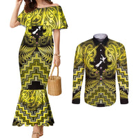 Personalised Aotearoa Matariki Couples Matching Mermaid Dress and Long Sleeve Button Shirt Yellow Fern Maori Poutama LT01 Yellow - Polynesian Pride