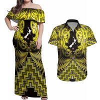 Personalised Aotearoa Matariki Couples Matching Off Shoulder Maxi Dress and Hawaiian Shirt Yellow Fern Maori Poutama LT01 Yellow - Polynesian Pride