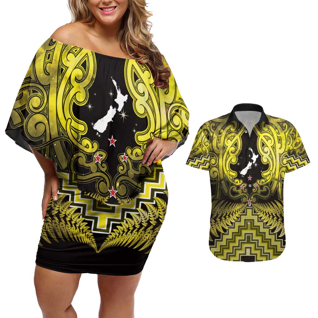 Personalised Aotearoa Matariki Couples Matching Off Shoulder Short Dress and Hawaiian Shirt Yellow Fern Maori Poutama LT01 Yellow - Polynesian Pride