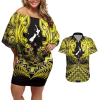 Personalised Aotearoa Matariki Couples Matching Off Shoulder Short Dress and Hawaiian Shirt Yellow Fern Maori Poutama LT01 Yellow - Polynesian Pride