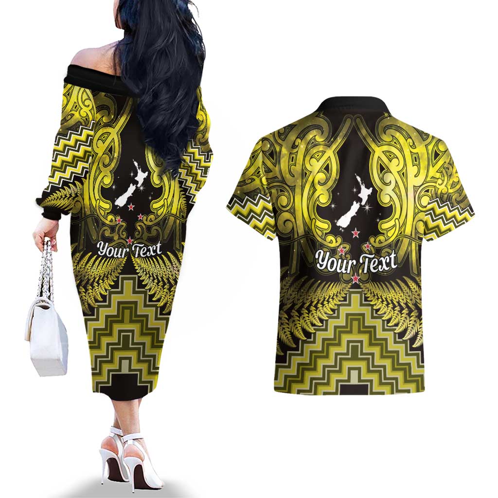 Personalised Aotearoa Matariki Couples Matching Off The Shoulder Long Sleeve Dress and Hawaiian Shirt Yellow Fern Maori Poutama LT01 - Polynesian Pride
