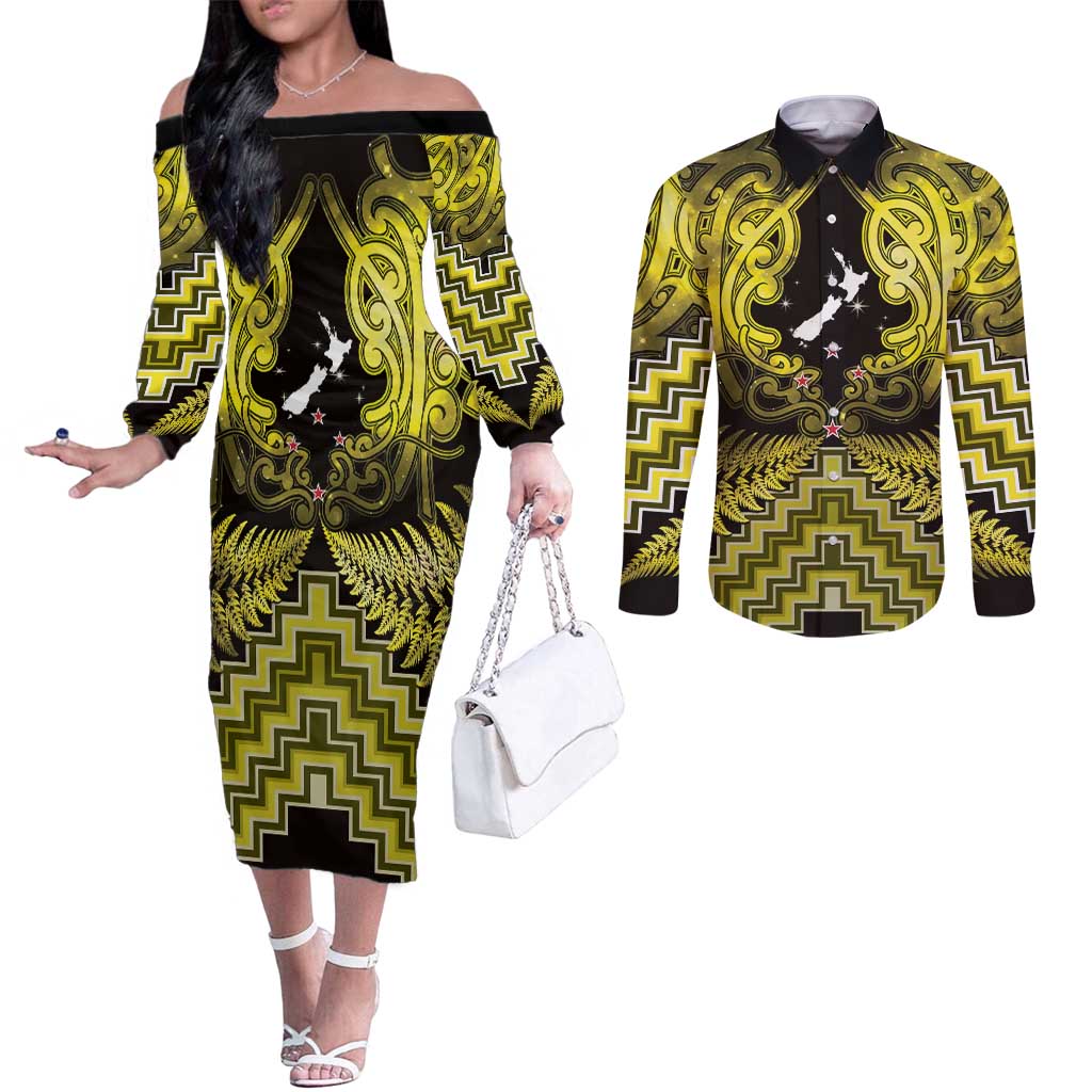 Personalised Aotearoa Matariki Couples Matching Off The Shoulder Long Sleeve Dress and Long Sleeve Button Shirt Yellow Fern Maori Poutama LT01 Yellow - Polynesian Pride