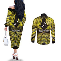Personalised Aotearoa Matariki Couples Matching Off The Shoulder Long Sleeve Dress and Long Sleeve Button Shirt Yellow Fern Maori Poutama LT01 - Polynesian Pride