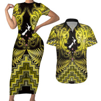 Personalised Aotearoa Matariki Couples Matching Short Sleeve Bodycon Dress and Hawaiian Shirt Yellow Fern Maori Poutama LT01 Yellow - Polynesian Pride