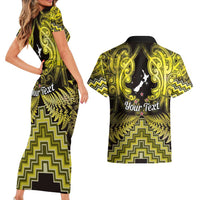 Personalised Aotearoa Matariki Couples Matching Short Sleeve Bodycon Dress and Hawaiian Shirt Yellow Fern Maori Poutama LT01 - Polynesian Pride