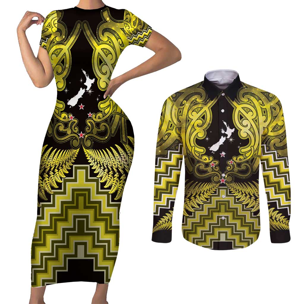 Personalised Aotearoa Matariki Couples Matching Short Sleeve Bodycon Dress and Long Sleeve Button Shirt Yellow Fern Maori Poutama LT01 Yellow - Polynesian Pride