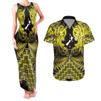 Personalised Aotearoa Matariki Couples Matching Tank Maxi Dress and Hawaiian Shirt Yellow Fern Maori Poutama LT01 Yellow - Polynesian Pride