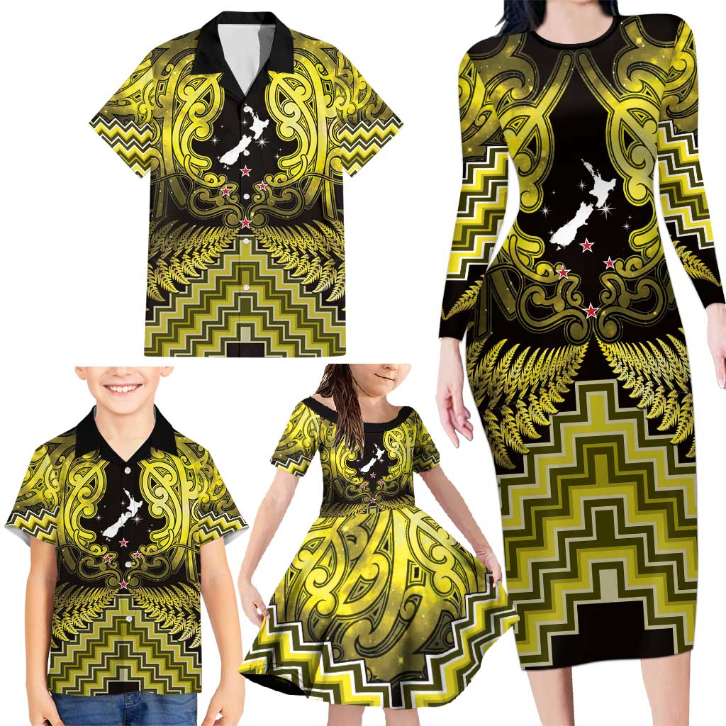 Personalised Aotearoa Matariki Family Matching Long Sleeve Bodycon Dress and Hawaiian Shirt Yellow Fern Maori Poutama LT01 - Polynesian Pride