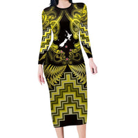 Personalised Aotearoa Matariki Family Matching Long Sleeve Bodycon Dress and Hawaiian Shirt Yellow Fern Maori Poutama LT01 Mom's Dress Yellow - Polynesian Pride