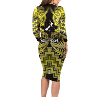 Personalised Aotearoa Matariki Family Matching Long Sleeve Bodycon Dress and Hawaiian Shirt Yellow Fern Maori Poutama LT01 - Polynesian Pride
