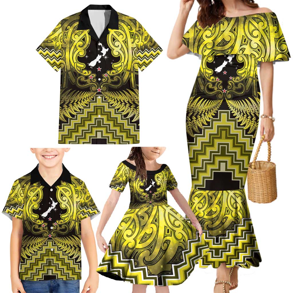 Personalised Aotearoa Matariki Family Matching Mermaid Dress and Hawaiian Shirt Yellow Fern Maori Poutama LT01 - Polynesian Pride