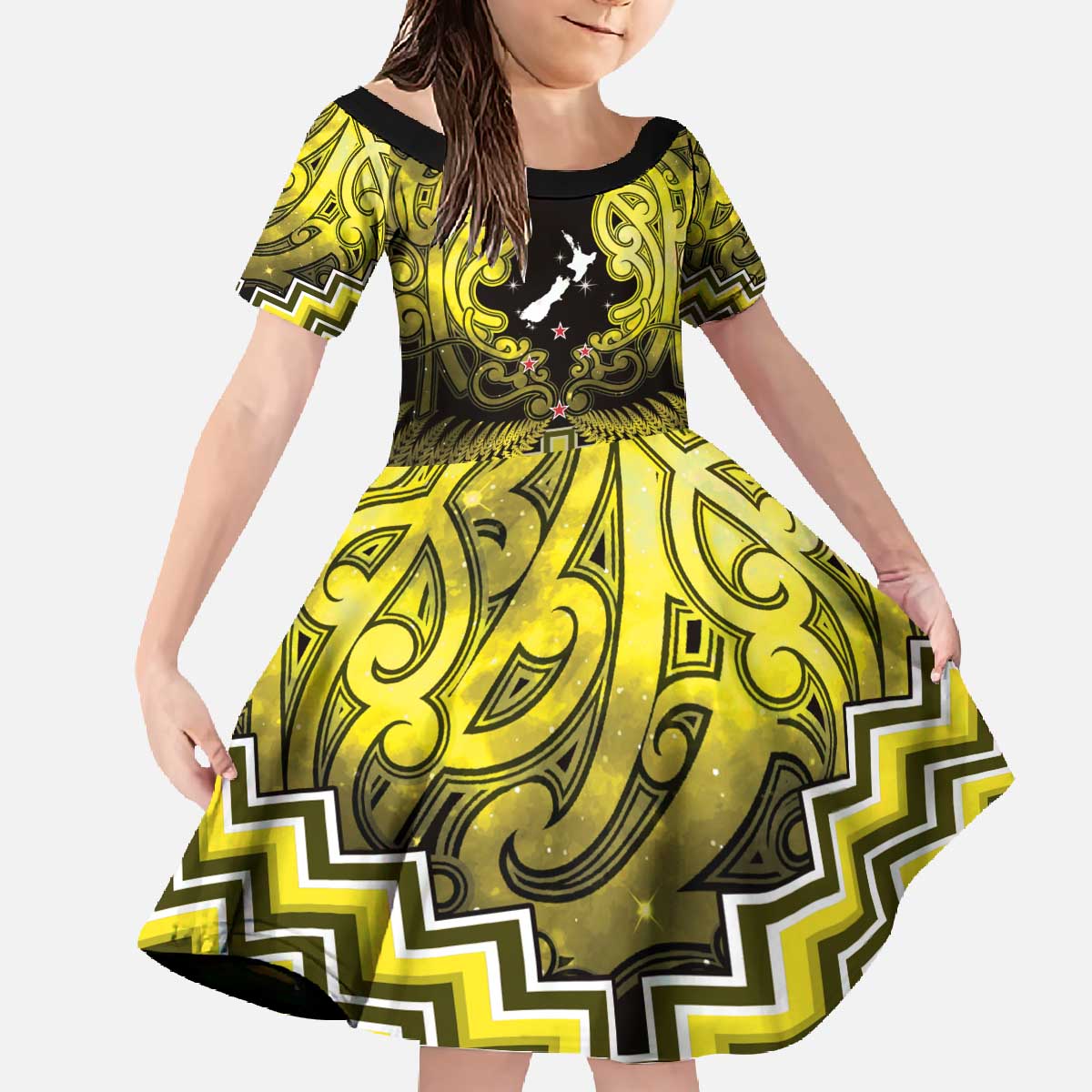 Personalised Aotearoa Matariki Family Matching Off The Shoulder Long Sleeve Dress and Hawaiian Shirt Yellow Fern Maori Poutama LT01 Daughter's Dress Yellow - Polynesian Pride