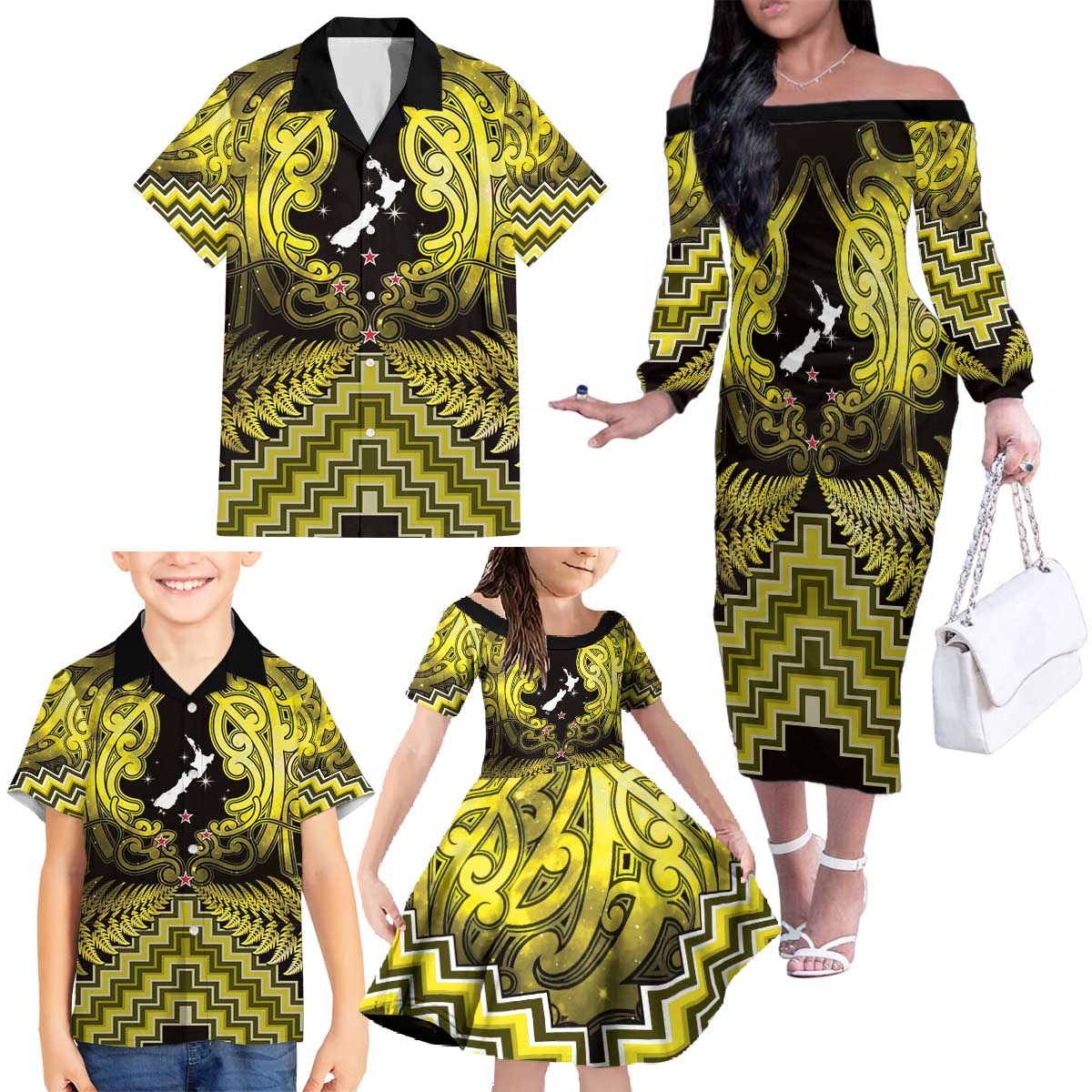 Personalised Aotearoa Matariki Family Matching Off The Shoulder Long Sleeve Dress and Hawaiian Shirt Yellow Fern Maori Poutama LT01 - Polynesian Pride