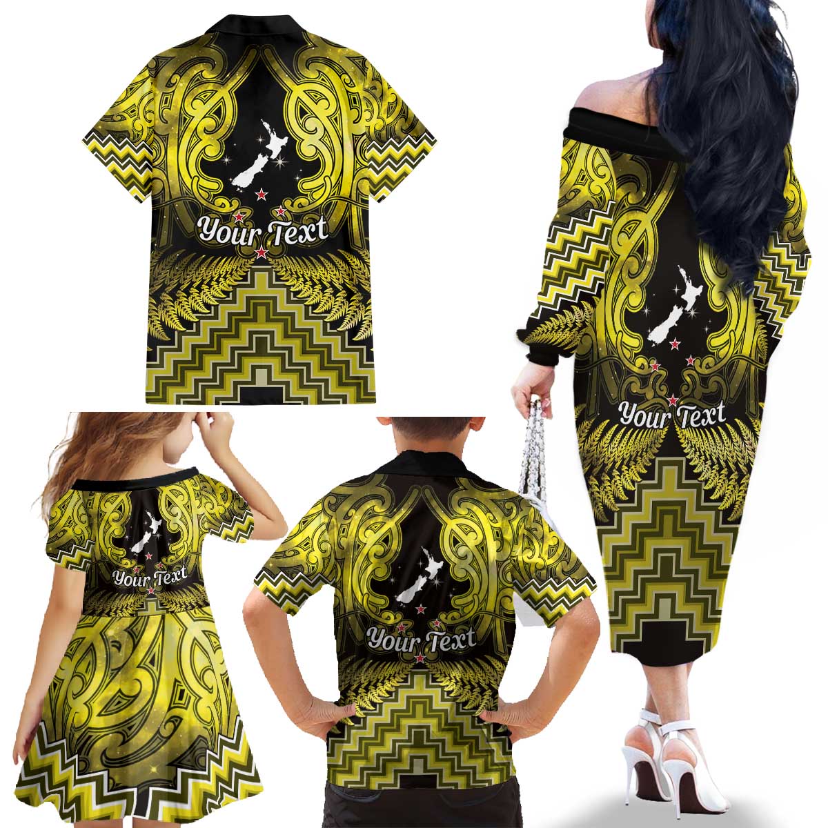 Personalised Aotearoa Matariki Family Matching Off The Shoulder Long Sleeve Dress and Hawaiian Shirt Yellow Fern Maori Poutama LT01 - Polynesian Pride