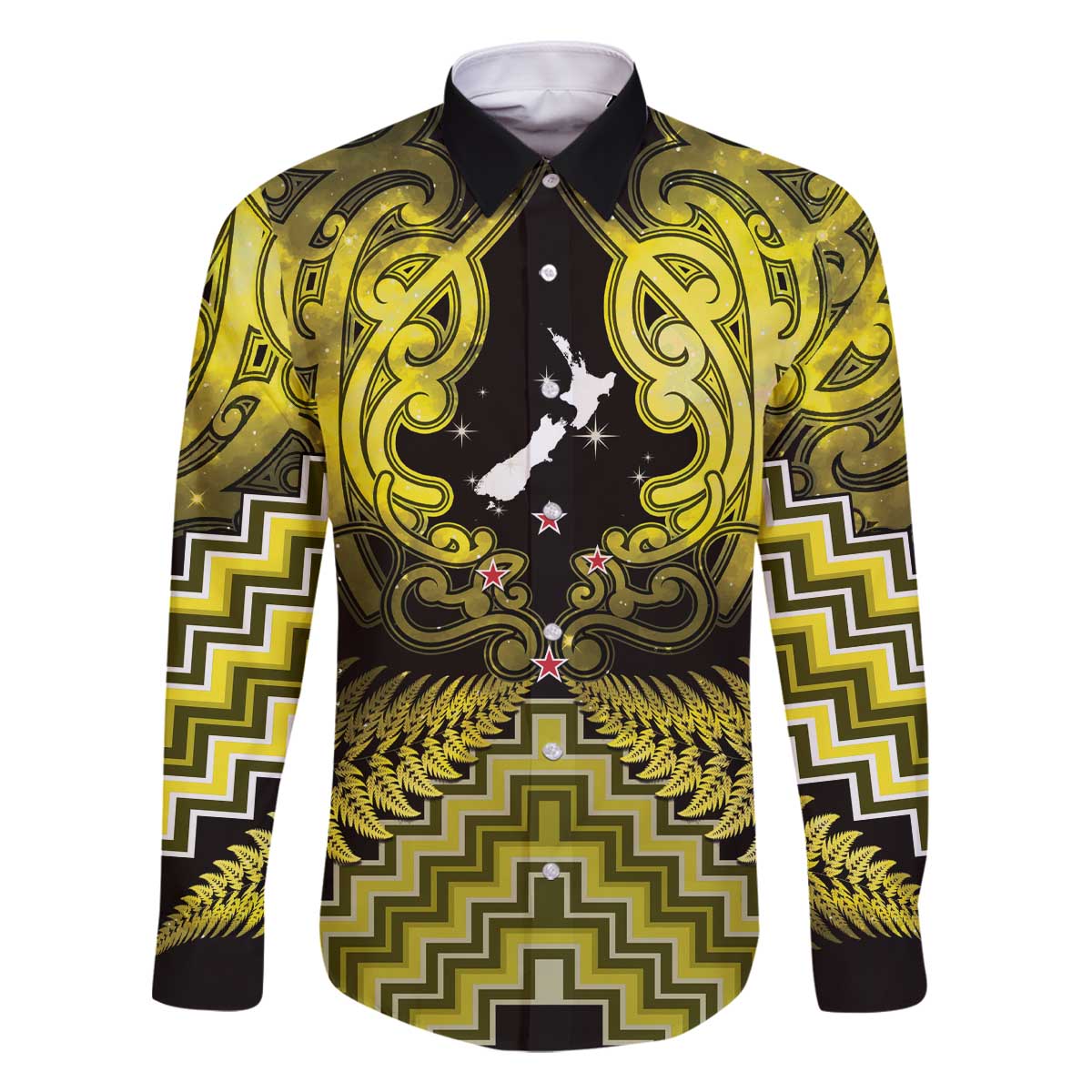 Personalised Aotearoa Matariki Family Matching Off The Shoulder Long Sleeve Dress and Hawaiian Shirt Yellow Fern Maori Poutama LT01 Dad's Shirt - Long Sleeve Yellow - Polynesian Pride