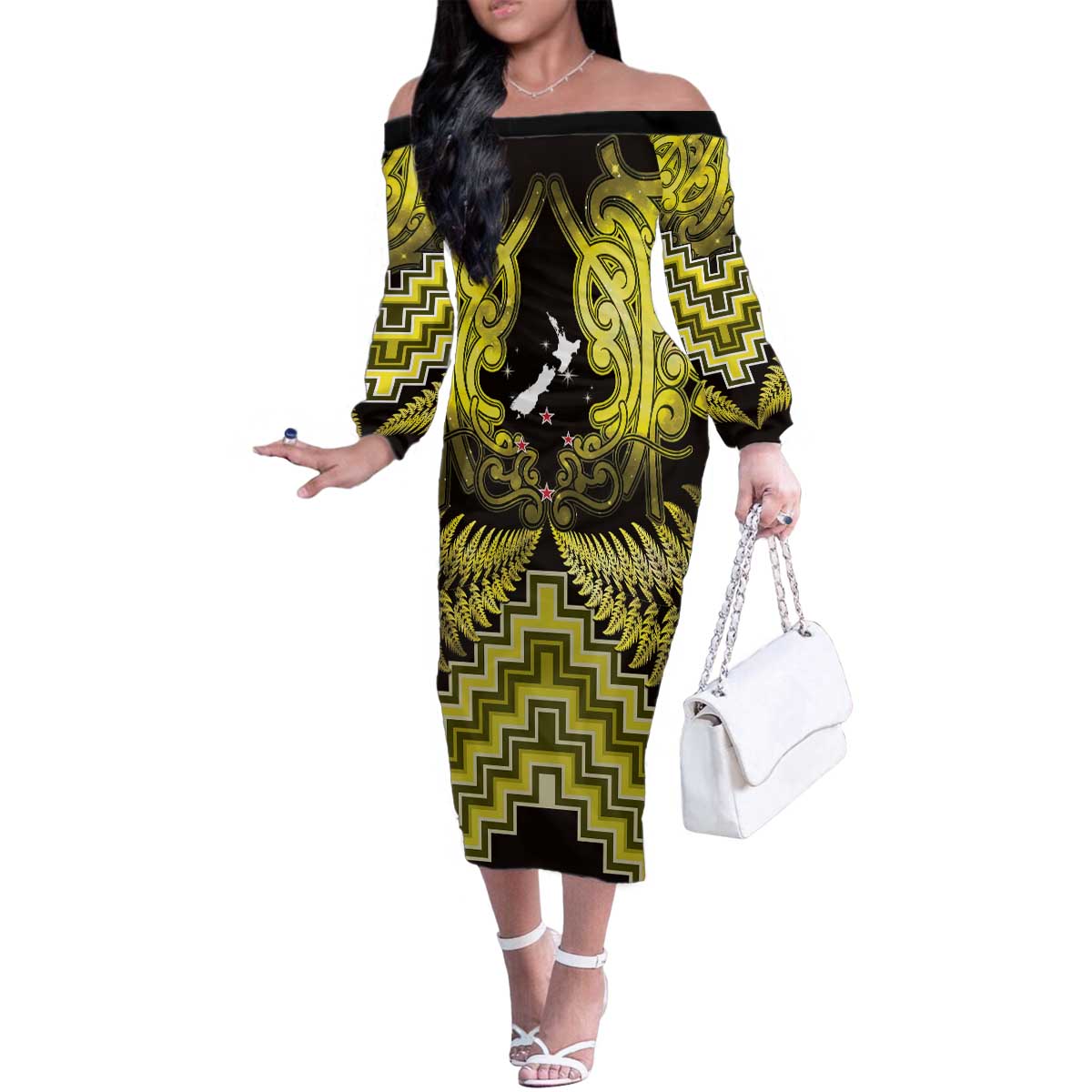 Personalised Aotearoa Matariki Family Matching Off The Shoulder Long Sleeve Dress and Hawaiian Shirt Yellow Fern Maori Poutama LT01 Mom's Dress Yellow - Polynesian Pride