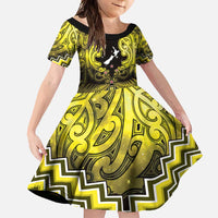 Personalised Aotearoa Matariki Family Matching Off Shoulder Maxi Dress and Hawaiian Shirt Yellow Fern Maori Poutama LT01 Daughter's Dress Yellow - Polynesian Pride
