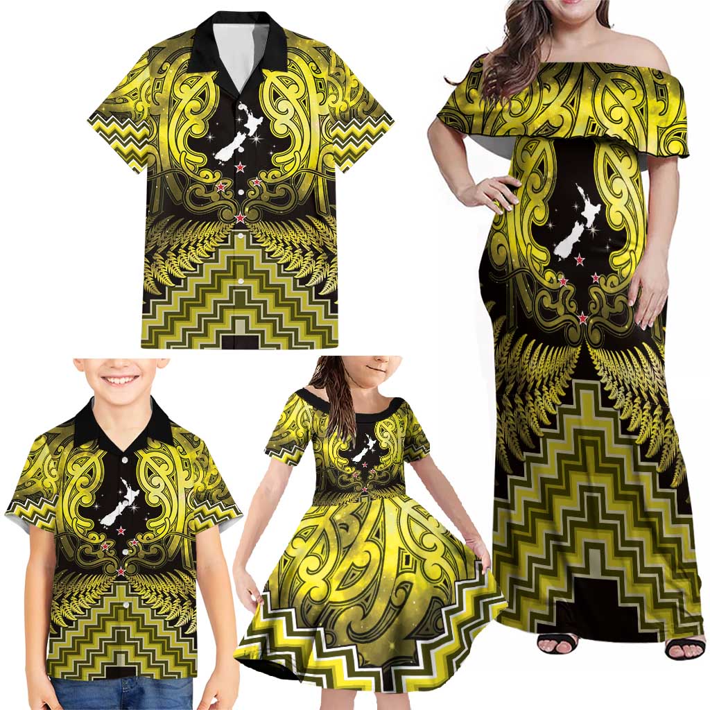 Personalised Aotearoa Matariki Family Matching Off Shoulder Maxi Dress and Hawaiian Shirt Yellow Fern Maori Poutama LT01 - Polynesian Pride