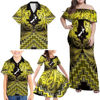 Personalised Aotearoa Matariki Family Matching Off Shoulder Maxi Dress and Hawaiian Shirt Yellow Fern Maori Poutama LT01 - Polynesian Pride