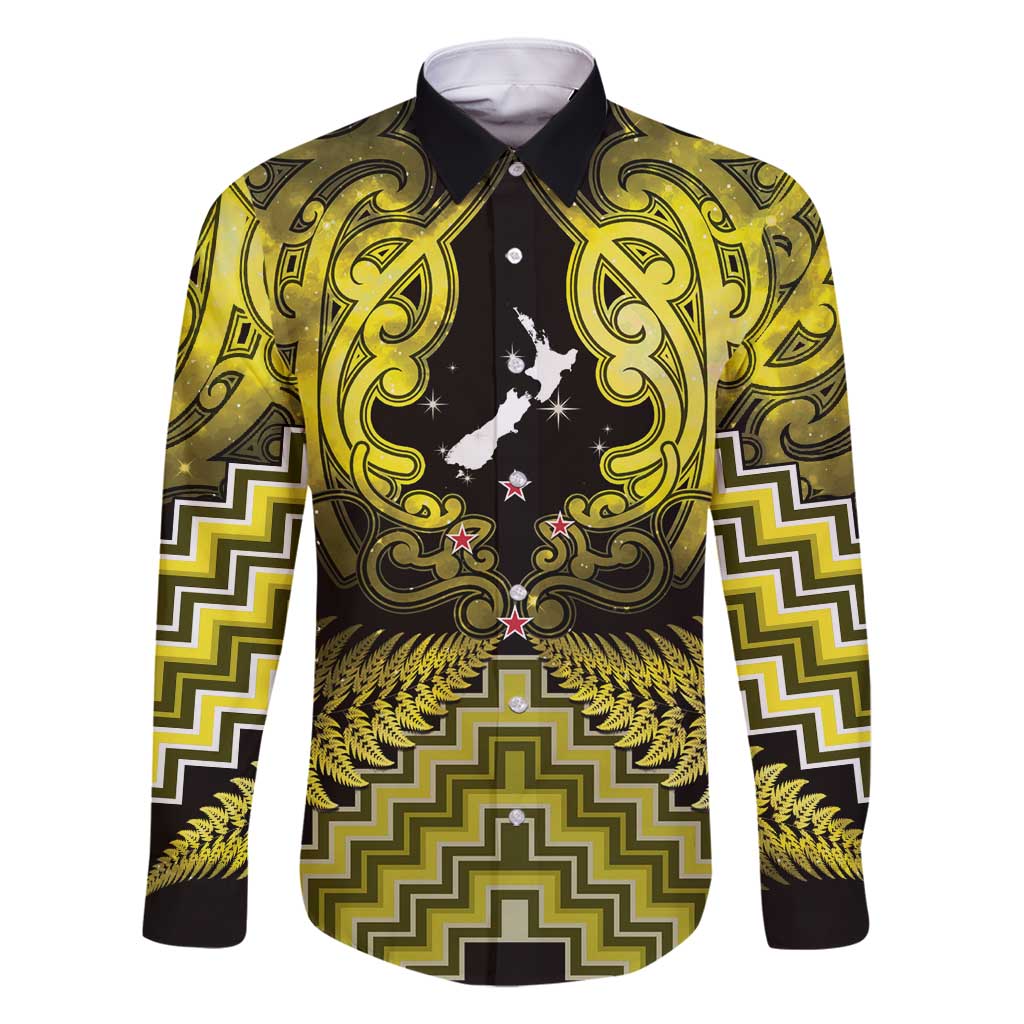 Personalised Aotearoa Matariki Family Matching Off Shoulder Maxi Dress and Hawaiian Shirt Yellow Fern Maori Poutama LT01 Dad's Shirt - Long Sleeve Yellow - Polynesian Pride