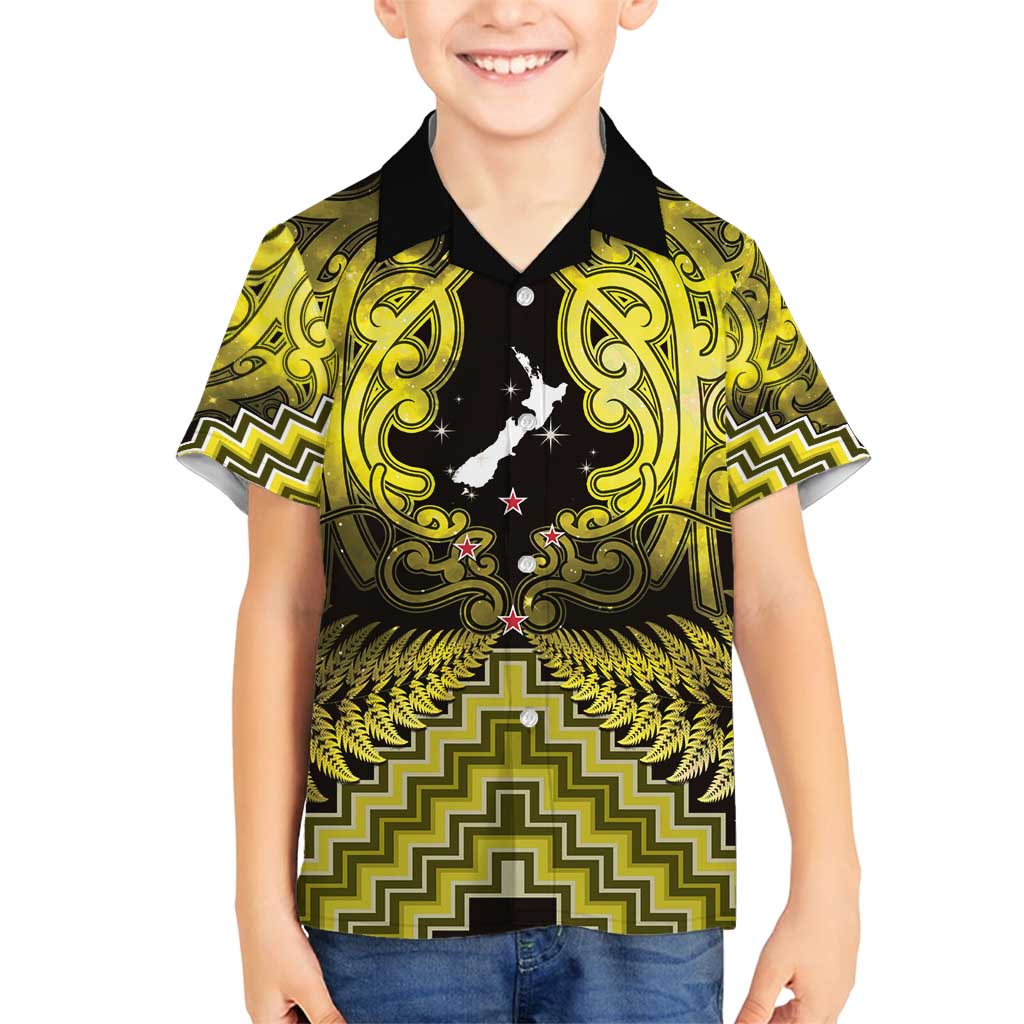 Personalised Aotearoa Matariki Family Matching Off Shoulder Maxi Dress and Hawaiian Shirt Yellow Fern Maori Poutama LT01 Son's Shirt Yellow - Polynesian Pride
