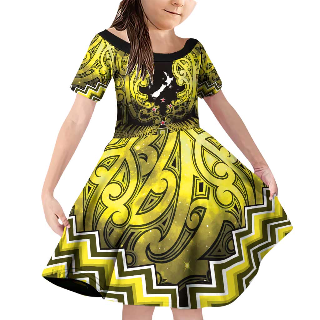 Personalised Aotearoa Matariki Family Matching Off Shoulder Short Dress and Hawaiian Shirt Yellow Fern Maori Poutama LT01 Daughter's Dress Yellow - Polynesian Pride