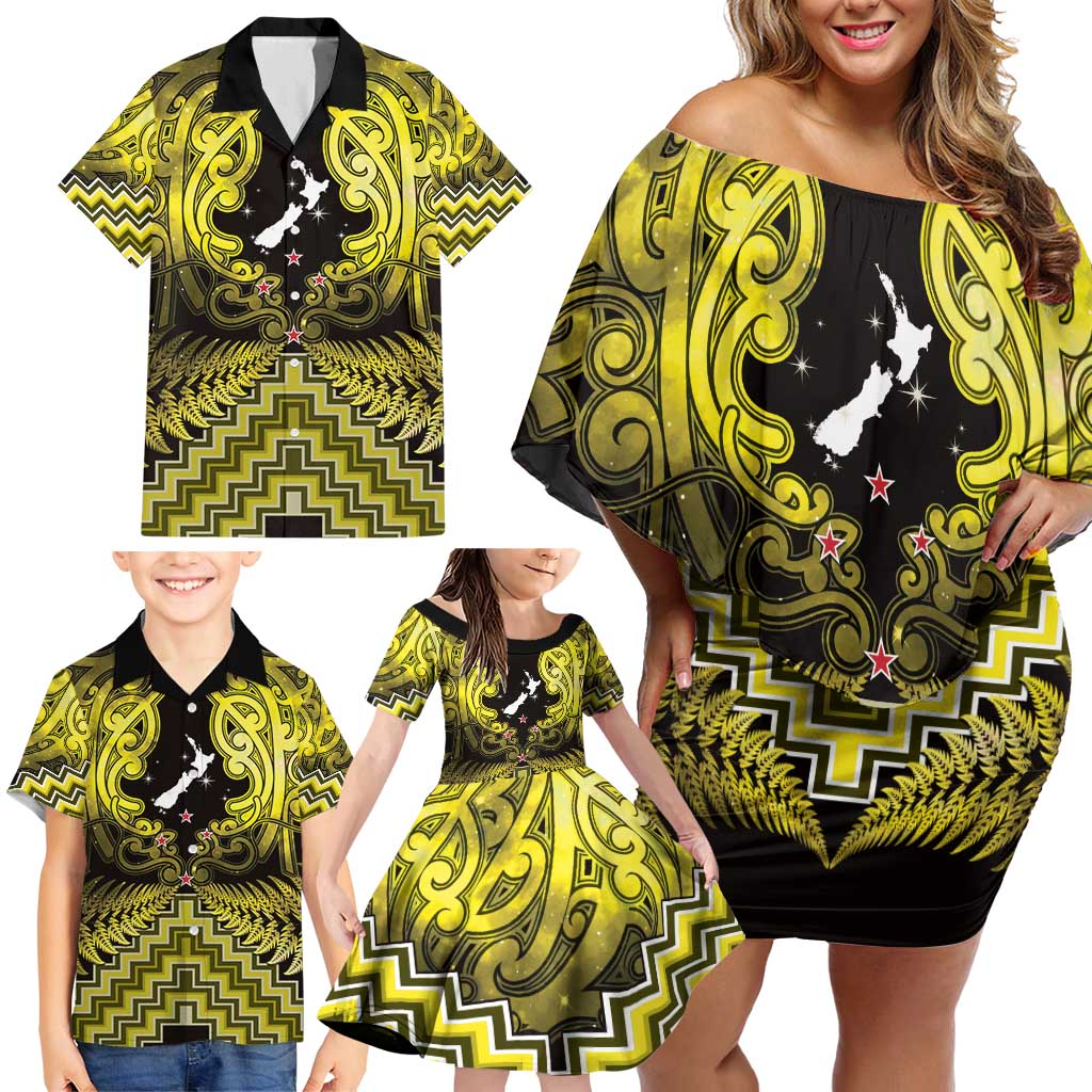 Personalised Aotearoa Matariki Family Matching Off Shoulder Short Dress and Hawaiian Shirt Yellow Fern Maori Poutama LT01 - Polynesian Pride