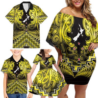 Personalised Aotearoa Matariki Family Matching Off Shoulder Short Dress and Hawaiian Shirt Yellow Fern Maori Poutama LT01 - Polynesian Pride