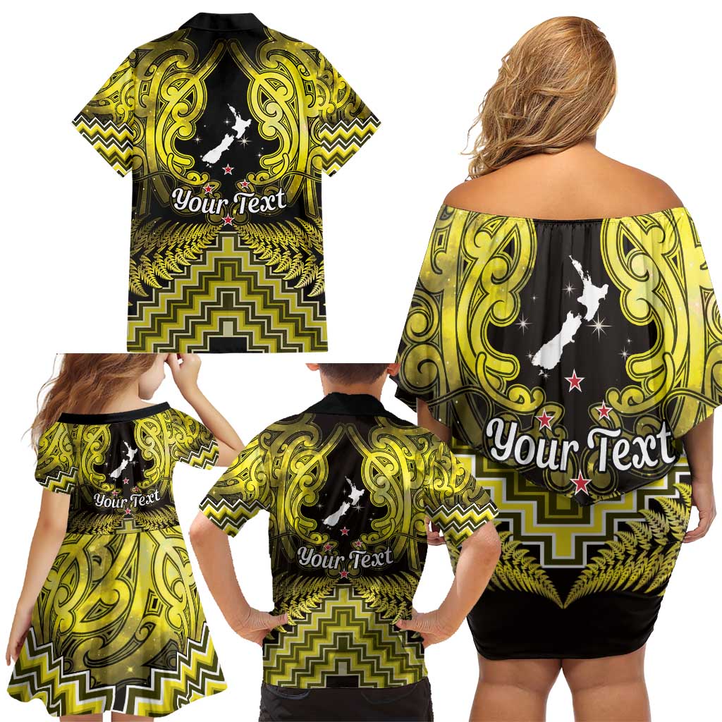 Personalised Aotearoa Matariki Family Matching Off Shoulder Short Dress and Hawaiian Shirt Yellow Fern Maori Poutama LT01 - Polynesian Pride