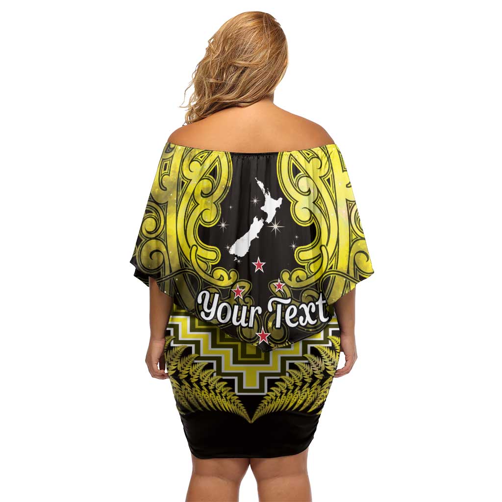 Personalised Aotearoa Matariki Family Matching Off Shoulder Short Dress and Hawaiian Shirt Yellow Fern Maori Poutama LT01 - Polynesian Pride