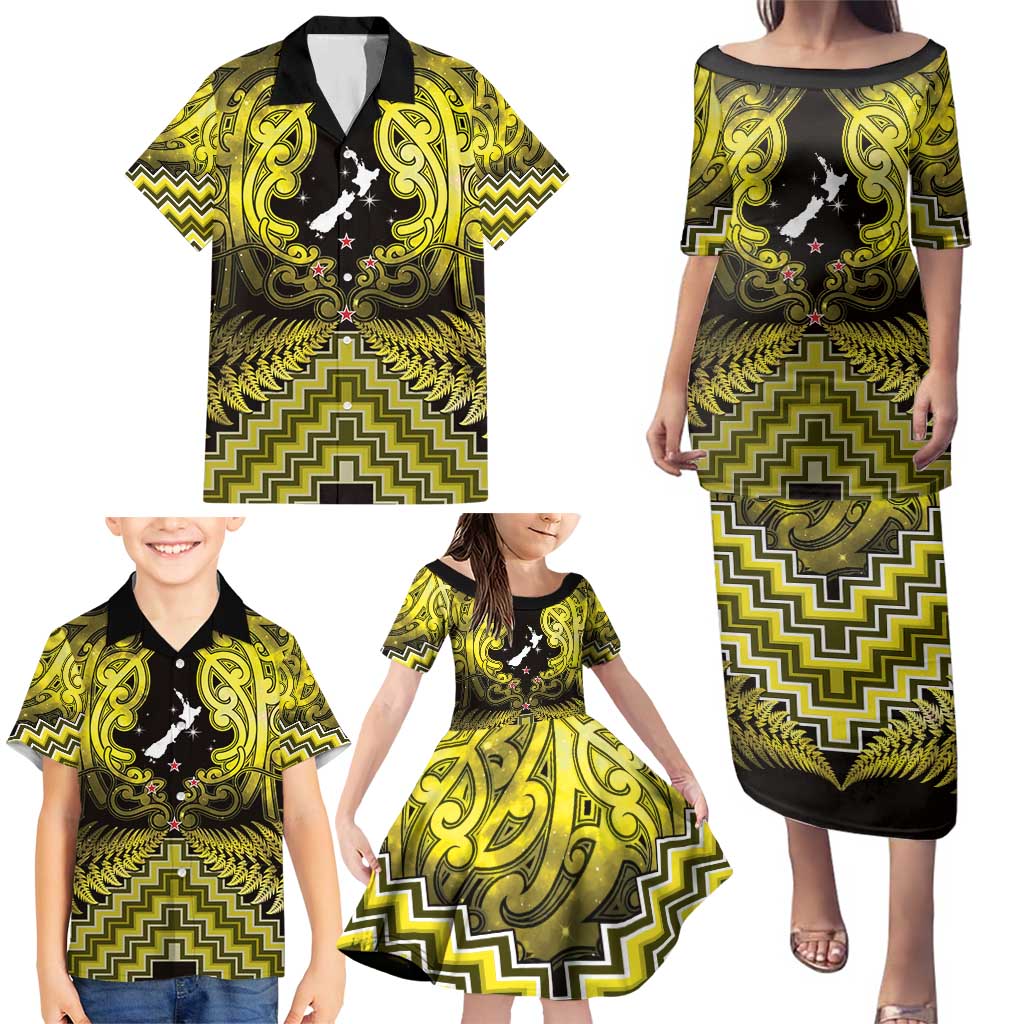 Personalised Aotearoa Matariki Family Matching Puletasi and Hawaiian Shirt Yellow Fern Maori Poutama LT01 - Polynesian Pride